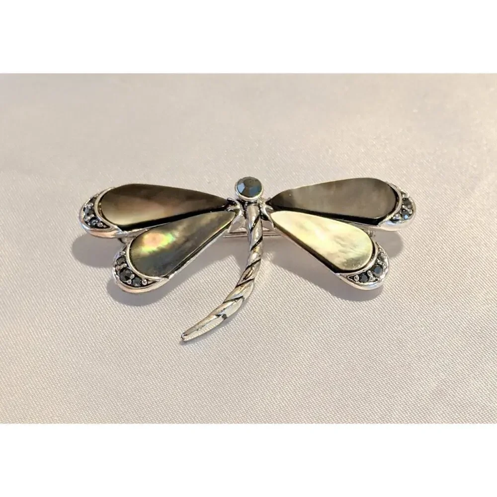 Monet Dragonfly Brooch Pin Gray Mother of Pearl Rhinestone Silver Tone Signed